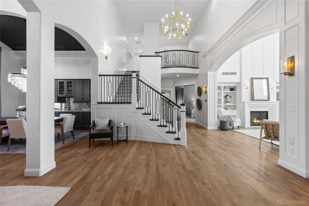 Chandelier, Dining room, Fireplace, Interior, Pendant Lights, Recessed Lighting, Wood Texture Flooring