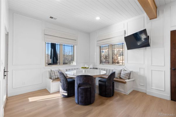 Dining room, Interior, Recessed Lighting, Wooden Beams, Wood Texture Flooring