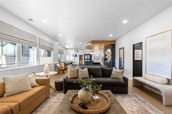 Dining room, Interior, Living room, Recessed Lighting, Wood Texture Flooring