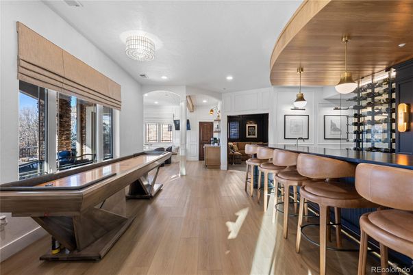 Billiard Table, Game Room, Interior, Pendant Lights, Recessed Lighting, Wood Texture Flooring
