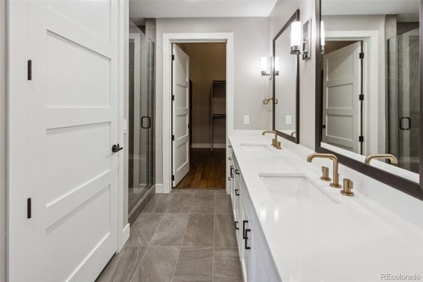 Bathroom, Dual Sink Vanities, Glass Shower, Interior, Wood Texture Flooring