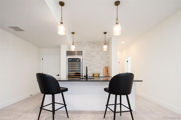 Empty room, Interior, Pendant Lights, Recessed Lighting, Stone Walls