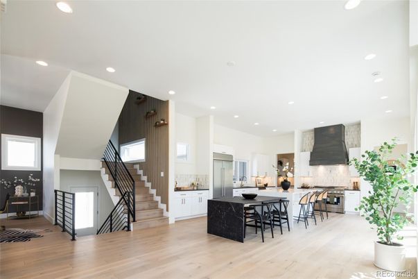 Dining room, Interior, Kitchen, Recessed Lighting, Stainless Steel Appliances, Wood Texture Flooring