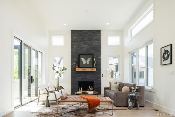 Fireplace, Interior, Living room, Recessed Lighting, Wood Texture Flooring