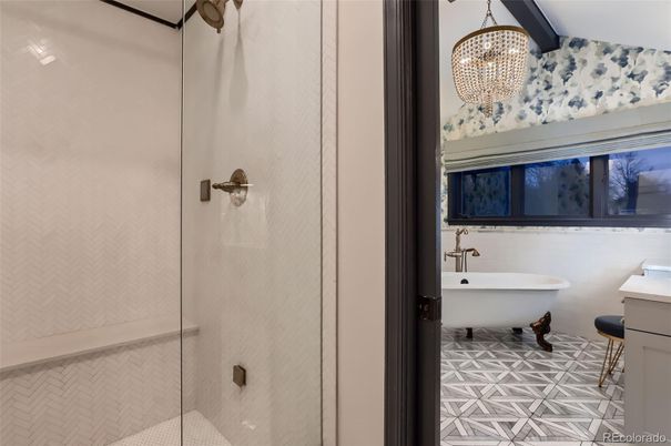 Bathroom, Chandelier, Free Standing Baths, Glass Shower, Interior