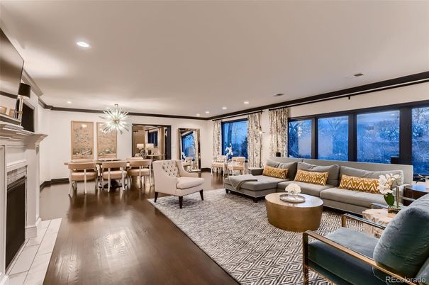 Dining room, Fireplace, Interior, Living room, Pendant Lights, Recessed Lighting, Wood Texture Flooring