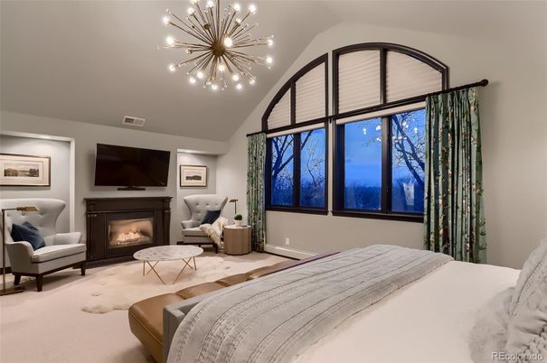 Bedroom, Fireplace, Interior, Pendant Lights