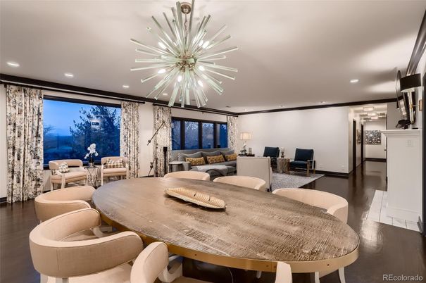 Dining room, Interior, Living room, Pendant Lights, Recessed Lighting, Wood Texture Flooring