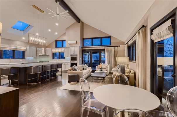 Dining room, Interior, Kitchen, Living room, Pendant Lights, Recessed Lighting, Stainless Steel Appliances, Wood Texture Flooring