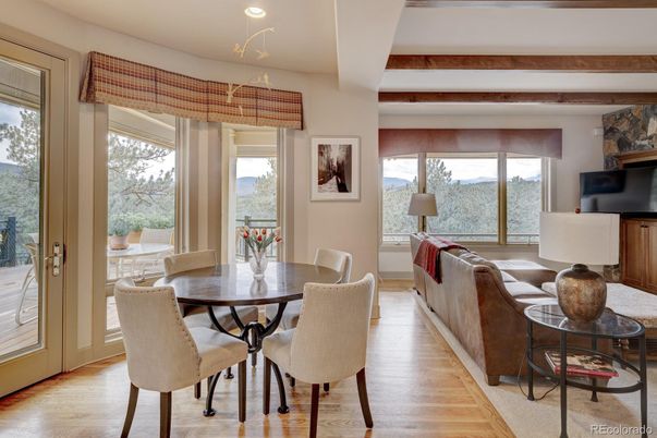 Dining room, Interior, Living room, Recessed Lighting, Wood Texture Flooring