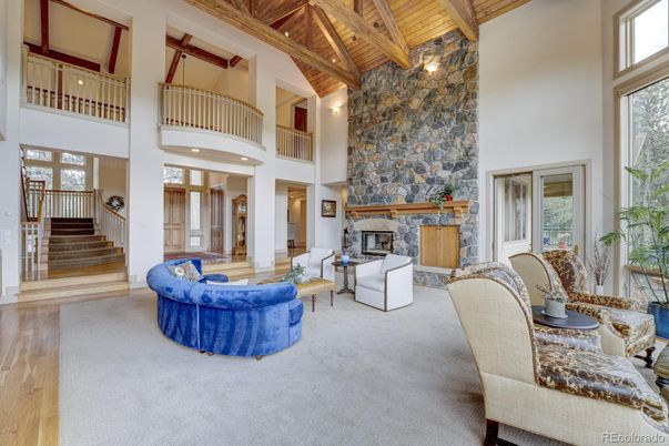 Fireplace, Interior, Living room, Recessed Lighting, Stone Walls, Wooden Beams, Wooden Ceilings, Wood Texture Flooring