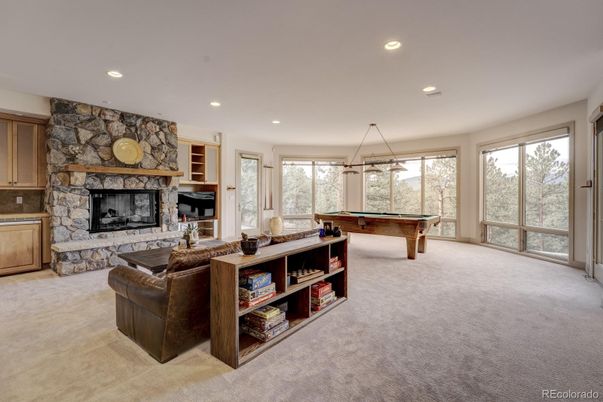 Billiard Table, Fireplace, Game Room, Interior, Pendant Lights, Recessed Lighting, Stone Walls