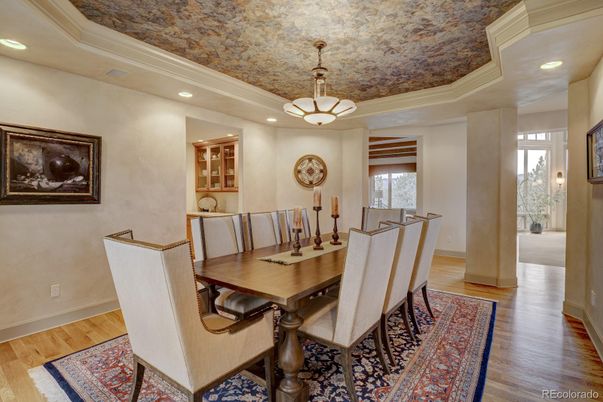 Dining room, Interior, Pendant Lights, Recessed Lighting, Wood Texture Flooring