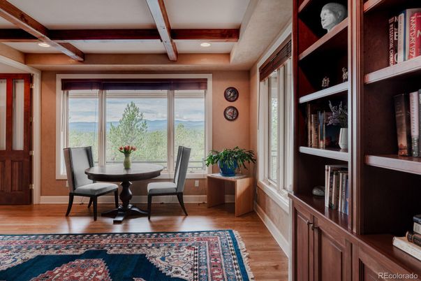 Dining room, Interior, Recessed Lighting, Wooden Beams, Wood Texture Flooring