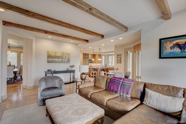 Dining room, Interior, Kitchen, Living room, Pendant Lights, Recessed Lighting, Wooden Beams, Wood Texture Flooring