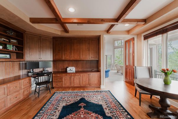 Home Office, Interior, Recessed Lighting, Wooden Beams, Wood Texture Flooring