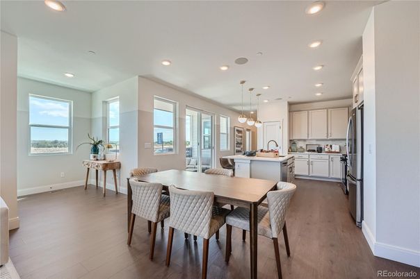 Dining room, Interior, Kitchen, Pendant Lights, Recessed Lighting, Wood Texture Flooring