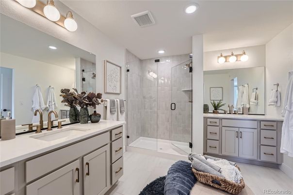 Bathroom, Dual Sink Vanities, Glass Shower, Interior, Recessed Lighting