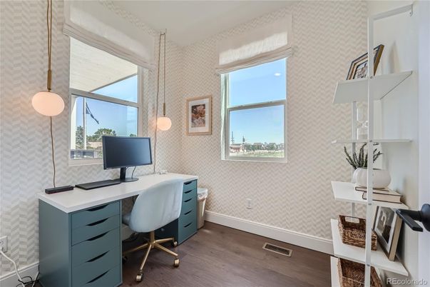 Home Office, Interior, Pendant Lights, Wood Texture Flooring