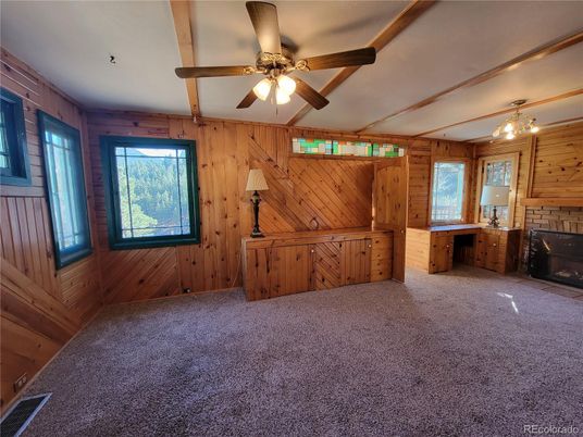 Empty room, Fireplace, Interior, Wooden Beams, Wooden Walls