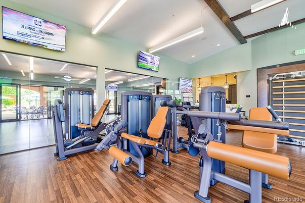 Fitness Equipment, Gym, Interior, Recessed Lighting, Wood Texture Flooring