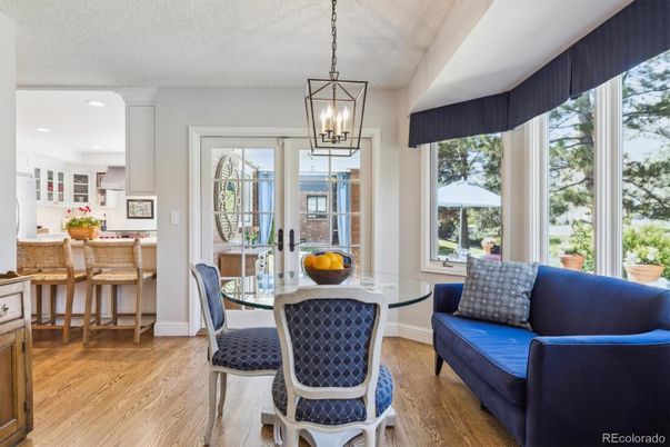 Dining room, Interior, Kitchen, Pendant Lights, Recessed Lighting, Wood Texture Flooring