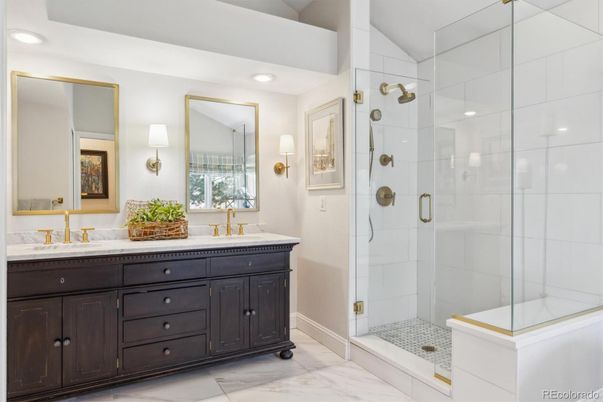 Bathroom, Dual Sink Vanities, Glass Shower, Interior, Marble, Recessed Lighting