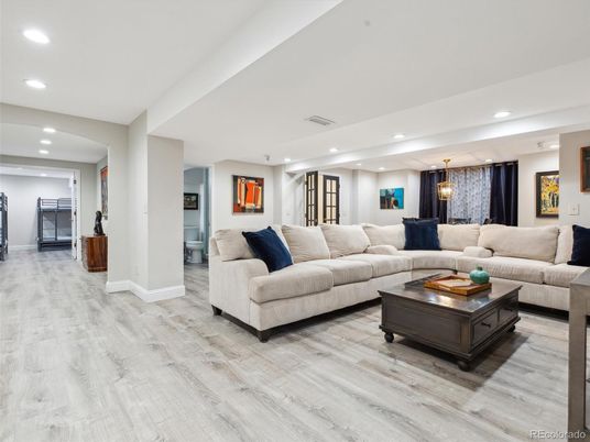 Interior, Living room, Pendant Lights, Recessed Lighting, Wood Texture Flooring