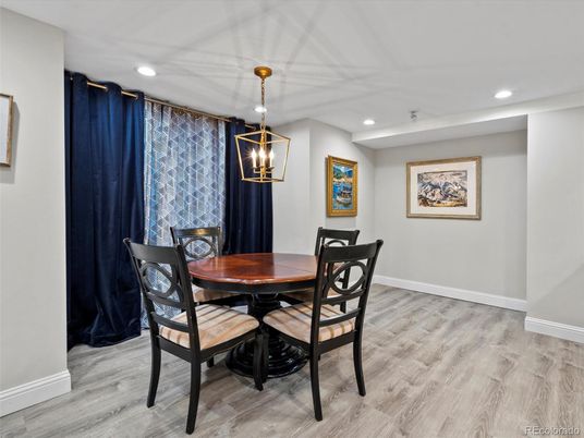 Dining room, Interior, Pendant Lights, Recessed Lighting, Wood Texture Flooring