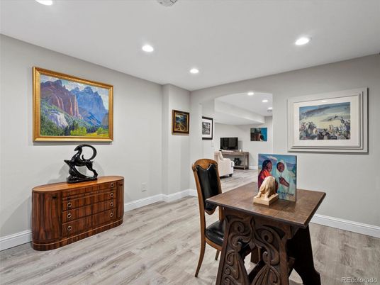 Dining room, Interior, Recessed Lighting, Wood Texture Flooring