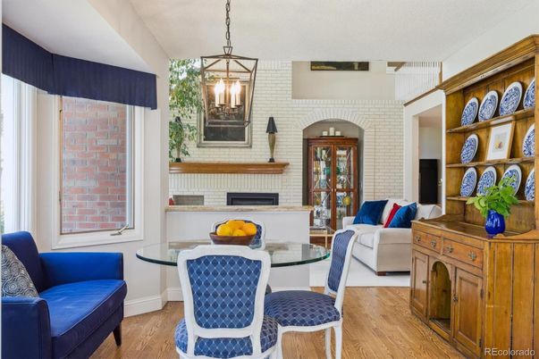 Dining room, Fireplace, Interior, Living room, Pendant Lights, Stone Walls, Wood Texture Flooring