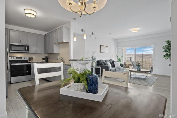 Dining room, Interior, Kitchen, Living room, Pendant Lights, Stainless Steel Appliances, Wood Texture Flooring