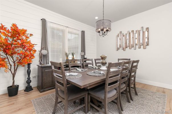 Chandelier, Dining room, Interior, Pendant Lights, Recessed Lighting, Wood Texture Flooring