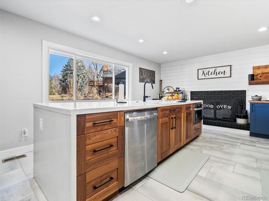 Fireplace, Interior, Kitchen, Recessed Lighting, Stainless Steel Appliances