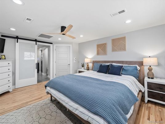 Bedroom, Interior, Recessed Lighting, Wood Texture Flooring