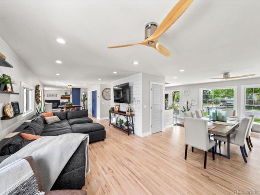 Dining room, Interior, Living room, Recessed Lighting, Wood Texture Flooring