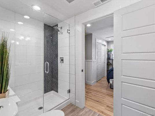 Bathroom, Glass Shower, Interior, Recessed Lighting, Wood Texture Flooring