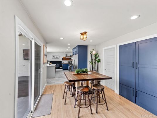Dining room, Interior, Kitchen, Recessed Lighting, Stainless Steel Appliances, Wood Texture Flooring