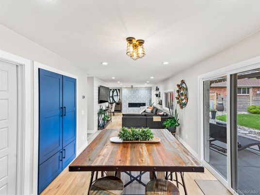 Dining room, Interior, Living room, Recessed Lighting, Wood Texture Flooring
