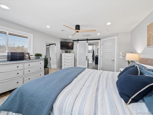 Bedroom, Interior, Recessed Lighting, Wood Texture Flooring