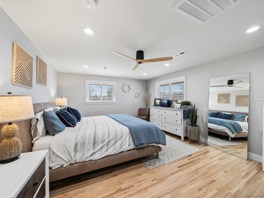 Bedroom, Interior, Recessed Lighting, Wood Texture Flooring