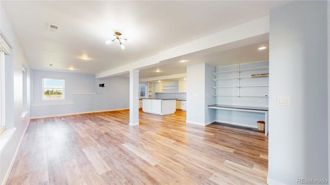 Empty room, Interior, Kitchen, Recessed Lighting, Wood Texture Flooring