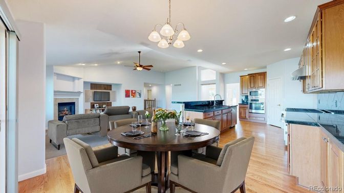 Dining room, Fireplace, Interior, Kitchen, Living room, Pendant Lights, Piano, Recessed Lighting, Wood Texture Flooring