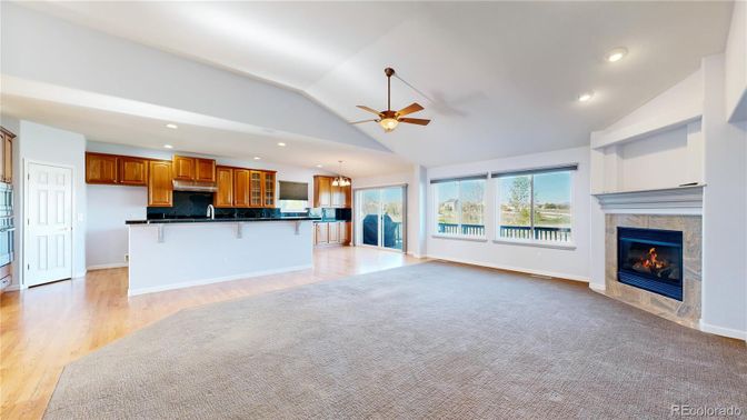 Empty room, Fireplace, Interior, Kitchen, Recessed Lighting, Wood Texture Flooring