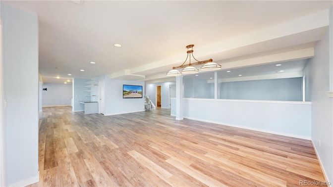 Empty room, Interior, Pendant Lights, Recessed Lighting, Wood Texture Flooring