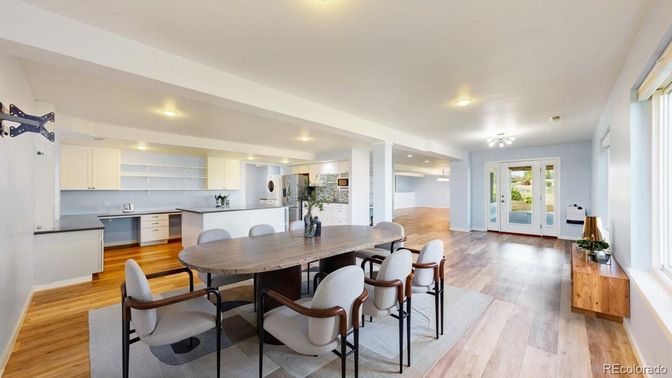 Dining room, Interior, Kitchen, Recessed Lighting, Wood Texture Flooring
