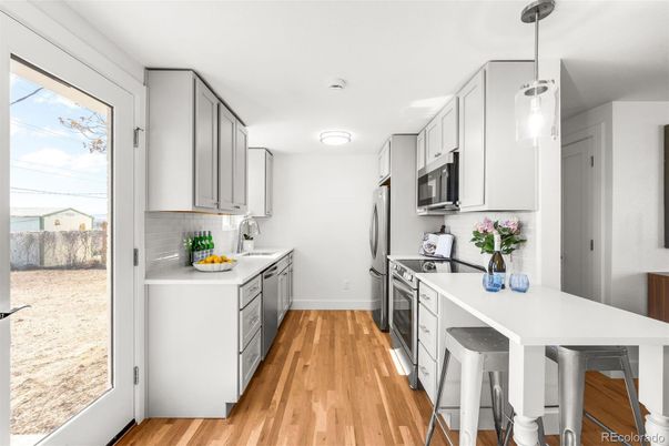 Interior, Kitchen, Pendant Lights, Stainless Steel Appliances, Wood Texture Flooring