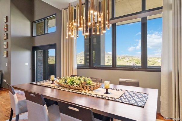 Dining room, Interior, Pendant Lights, Wood Texture Flooring