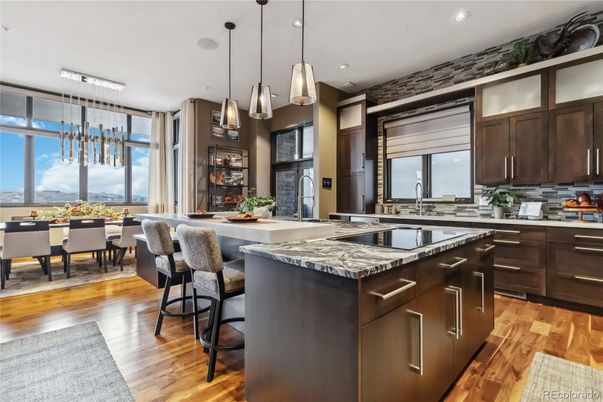 Dining room, Interior, Kitchen, Pendant Lights, Recessed Lighting, Wood Texture Flooring