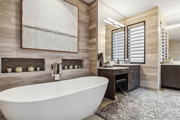 Bathroom, Dual Sink Vanities, Free Standing Baths, Interior, Wooden Walls